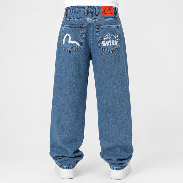 Джинси чоловічі широкі EVISU блакитні баггі оверсайз Y2K 27 (1027-295-4) - Фото 2 Джинси чоловічі широкі EVISU блакитні баггі оверсайз Y2K 27 (1027-295-4) - зображення 2