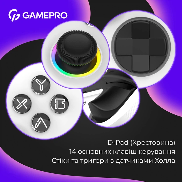 Геймпад GamePro GPX13W Беспроводной Bluetooth USB Type-C 14 кнопок 2 аналоговых стика Белый (GPX13W) - изображение 8