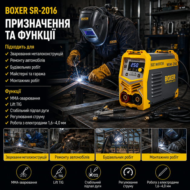 Зварювальний апарат BOXER SR2016 інверторний 300 А 220 В MMA Lift TIG LCD дисплей для електродів 1 6 4 мм - зображення 2