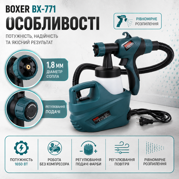 Электрический краскопульт BOXER BX771 1650 Вт бак 700 мл сопло 1 8 мм краскораспылитель для покраски стен мебели дверей и металла - изображение 3