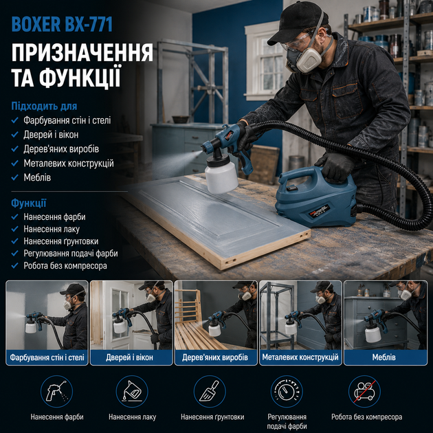 Электрический краскопульт BOXER BX771 1650 Вт бак 700 мл сопло 1 8 мм краскораспылитель для покраски стен мебели дверей и металла - изображение 4