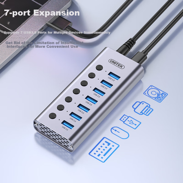 USB-хаб UNITEK H1314A на 7 портів USB 3.0 з блоком живлення та вимикачем - зображення 4