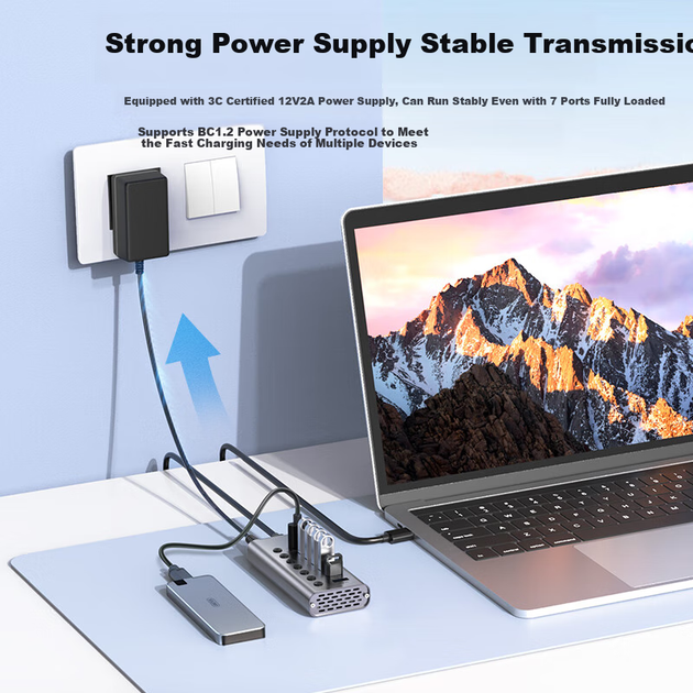 USB-хаб UNITEK H1314A на 7 портів USB 3.0 з блоком живлення та вимикачем - зображення 5