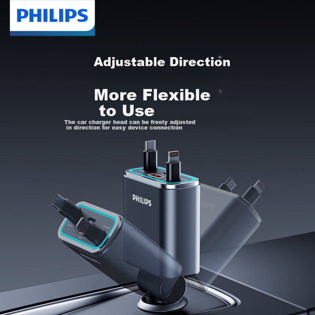 Автомобильное зарядное устройство Philips 100 Вт с выдвижным кабелем, 4 порта, для iPhone 16/17 и Huawei - изображение 6