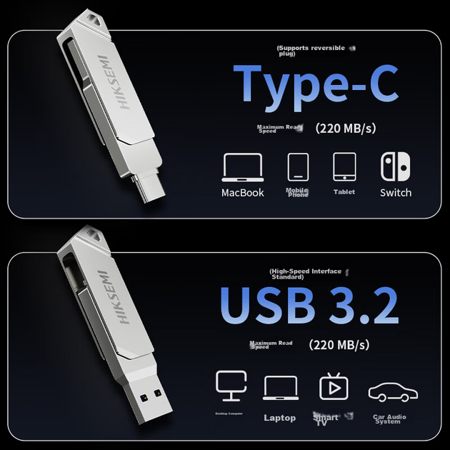 HIKVISION 64GB Type-C USB 3.2 Dual Interface Mini USB Flash Drive S220 220MB/s Read Speed Compatible with Huawei Apple Phones and Computers High-speed USB Drive - изображение 5