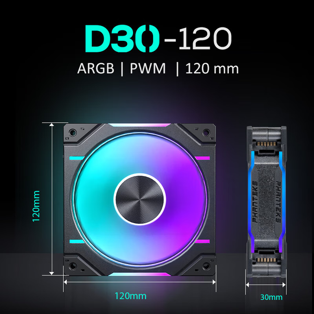 Вентилятори PHANTEKS D30 корпусні з ARGB та PWM, 120x30 мм, 3 шт, чорні - зображення 10