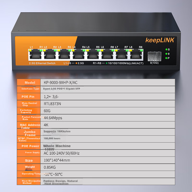 Коммутатор KeepLINK KP-9000 8-портовый PoE 2.5G с гигабитным аплинком, 135 Вт - изображение 5