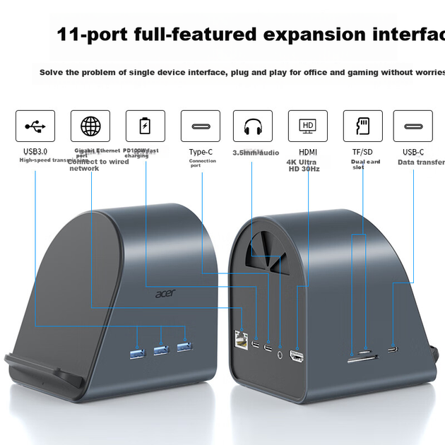Док-станція розширення Acer, адаптер гігабітного Ethernet, USB-хаб, дублювання екрана HDMI, сумісна з MacBook, 11-дюймова, бездротова зарядка - Фото 5 Док-станція розширення Acer, адаптер гігабітного Ethernet, USB-хаб, дублювання екрана HDMI, сумісна з MacBook, 11-дюймова, бездротова зарядка - зображення 5