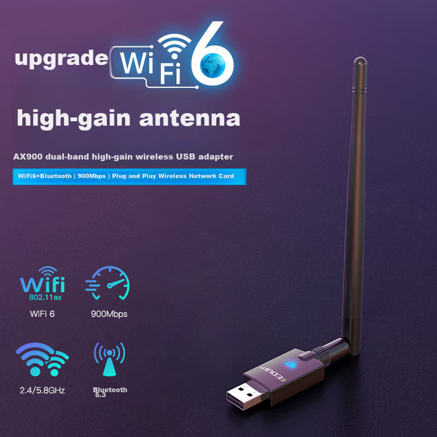Бездротовий мережевий адаптер EDUP AX900 WiFi 6 без драйверів USB дводіапазонний 5G Bluetooth 5.3 для настільних комп'ютерів, підтримує Win10/11 EP-AX900S - Фото 4 Бездротовий мережевий адаптер EDUP AX900 WiFi 6 без драйверів USB дводіапазонний 5G Bluetooth 5.3 для настільних комп'ютерів, підтримує Win10/11 EP-AX900S - зображення 4