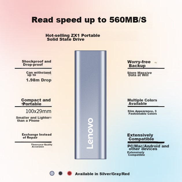 Портативний твердотільний накопичувач Lenovo (PSSD) 1 ТБ ZX1 Type-C, подвійний інтерфейс USB 3.1, швидкість читання 560 МБ/с, пряме підключення до телефону, сумісний з комп'ютером, сріблястий - зображення 5