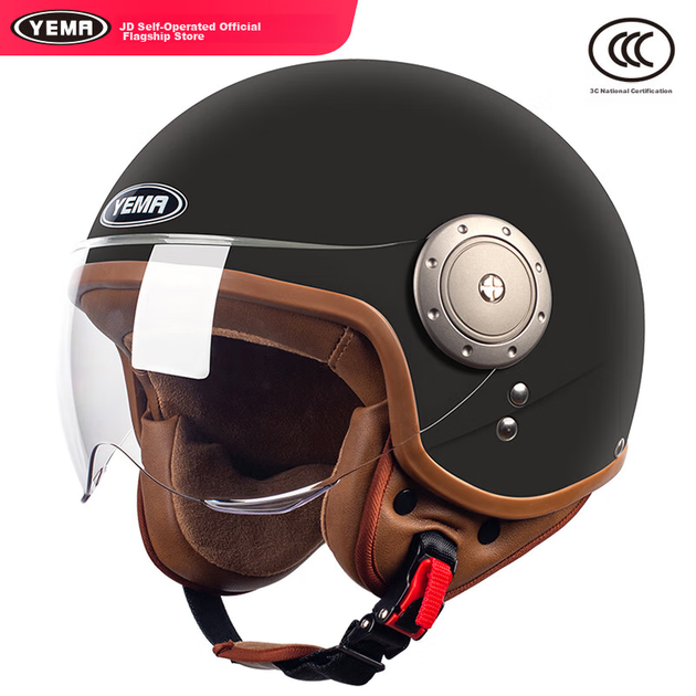 Мотоциклетный шлем YEMA 3C Certified Class A 611S для мужчин и женщин, зимний персонализированный ретро-шлем для езды на электровелосипеде, универсальный, для всех сезонов, черный, с коротким прозрачным визором. - зображення 4
