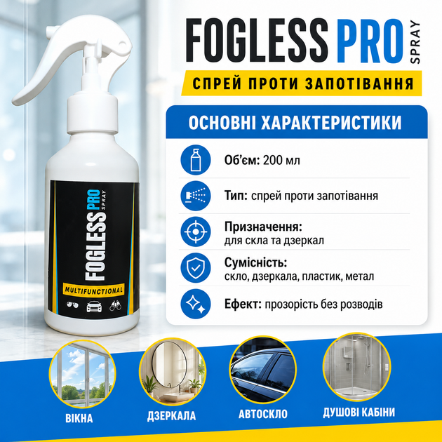 Средство против запотевания стекла и зеркал Fogless Pro Спрей для стекла и зеркал 200 мл Антифог спрей от запотевания стекла в авт - изображение 9