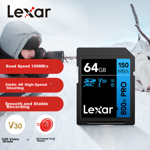 Карта памяти Lexar SD 64 ГБ, скорость чтения 150 МБ/с, U3 V30, карта памяти начального уровня для фотоаппаратов, высокая скорость, удобная съемка (800x PRO) - изображение 4