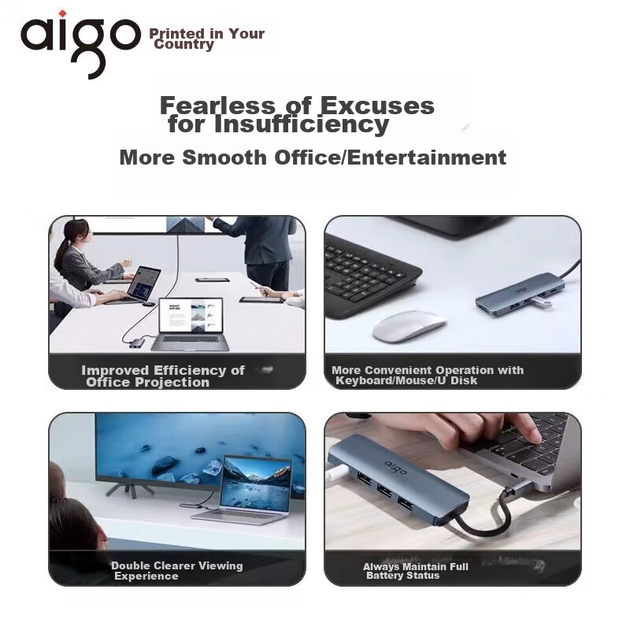Док-станція розширення Aigo Type-C, концентратор USB 3.0, адаптер HDMI, конвертер для док-станції для ноутбука 4K60Hz Ultra HD, швидка зарядка PD100W, T05-H1Plus (метал) - изображение 8
