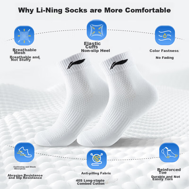 Носки Li-Ning унисекс короткие хлопковые антибактериальные, белые, 6 пар, универсальный размер - изображение 6