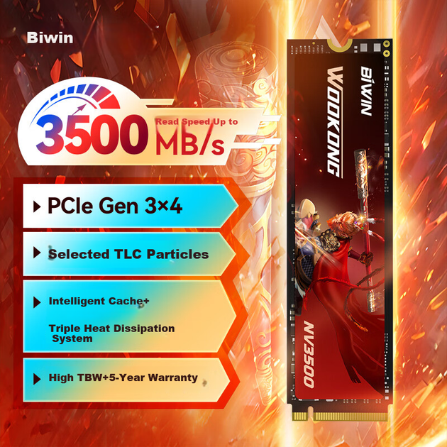 Твердотельный накопитель BIWIN 1 ТБ SSD, интерфейс M.2 (протокол NVMe), серия NV3500, PCIe3.0, скорость чтения 3500 МБ/с, аксессуар для хранения данных на ПК. - изображение 4