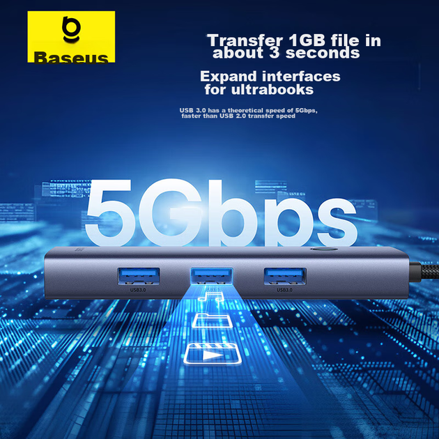 Док-станция расширения Baseus USB 3.0, разветвитель для зарядки и подключения к хабу, универсальный адаптер-конвертер для ноутбуков Huawei и Lenovo, автомобильное крепление, 50 см. - изображение 6
