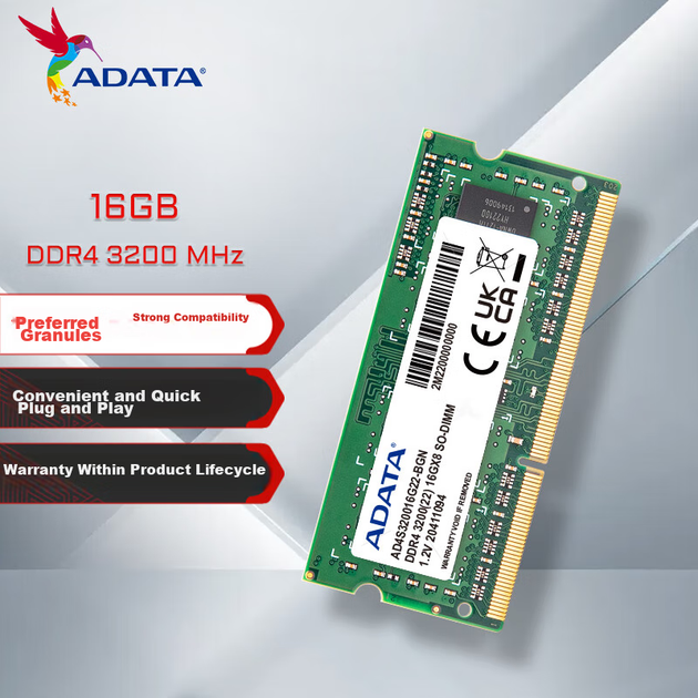Оперативна пам'ять ADATA 16 ГБ DDR4 3200 для ноутбуків, Ванцзицяньхун - Фото 4 Оперативна пам'ять ADATA 16 ГБ DDR4 3200 для ноутбуків, Ванцзицяньхун - зображення 4