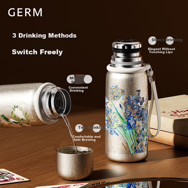 Термос Germ Pure Titanium с изоляцией, посвященный Ван Гогу, с дисплеем температуры, женская кружка для чая, подарочная коробка, 580 мл, розовый цвет. - изображение 7