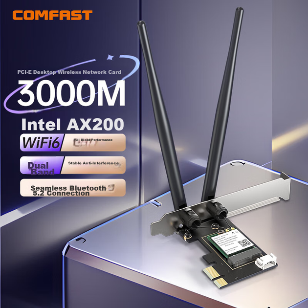 Бездротова мережева карта COMFAST PCIe для настільного комп'ютера, приймач WIFI6, вбудована дводіапазонна гігабітна мережева карта AX200SE 5G 3000M, спеціально розроблена для настільного комп'ютера, передавач WiFi, Bluetooth 5.2 - зображення 4