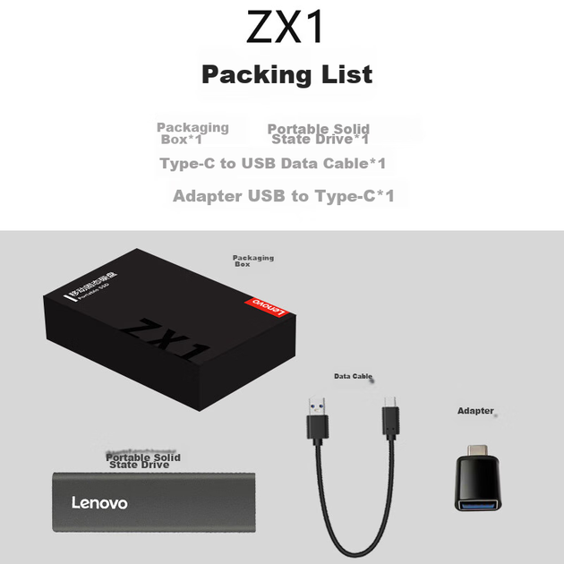 SSD диск Lenovo ZX1 1TB USB 3.1 Gen 2 Type-C External Grey - зображення 9