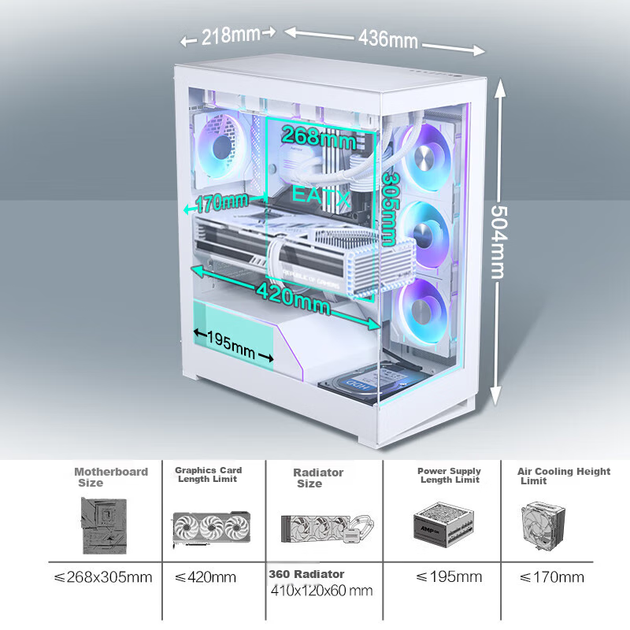 Корпус для настольного компьютера PHANTEKS NV5S белого цвета, без стоек, с панорамным обзором, форм-фактор E-ATX (поддержка водяного охлаждения 360 мм / двойной кабель RGB ARGB / Type-C 3.1 / совместимость с RTX 4080 Super) - изображение 11