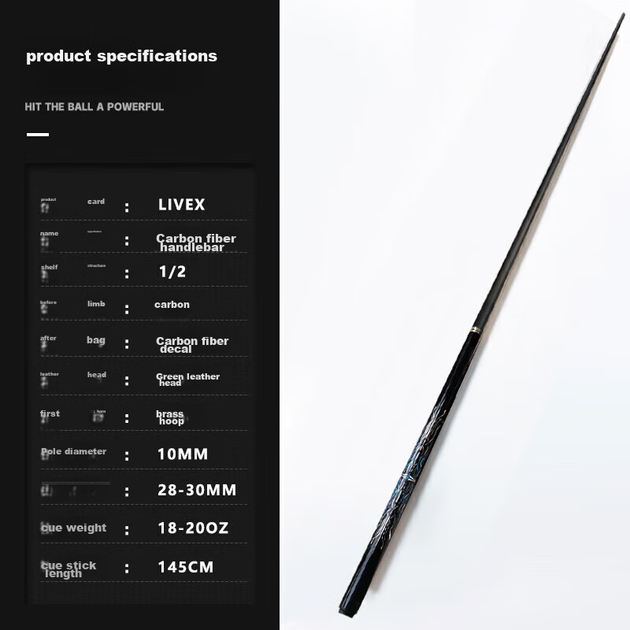 Кий LIVEX TS02 для більярду з вуглецевого волокна розбірний з чохлом, чорний - зображення 4