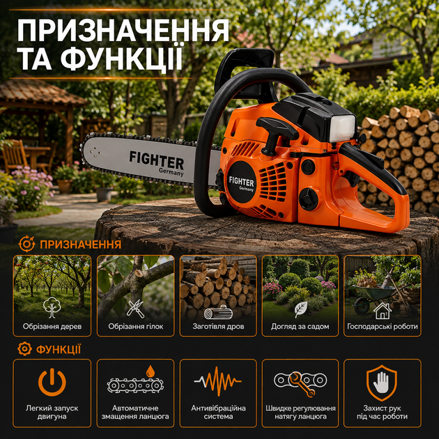 Бензопила Fighter FT 153 1900 Вт шина 25 см двигатель 25 куб см легкий запуск автоматическая смазка цепи для обрезки деревьев заготовки дров и садовых работ - Фото 2 Бензопила Fighter FT 153 1900 Вт шина 25 см двигатель 25 куб см легкий запуск автоматическая смазка цепи для обрезки деревьев заготовки дров и садовых работ - изображение 2