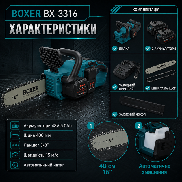 Аккумуляторная цепная пила BOXER BX3316 48 В 5 Ач шина 40 см бесщеточный двигатель с двумя аккумуляторами в кейсе - изображение 2