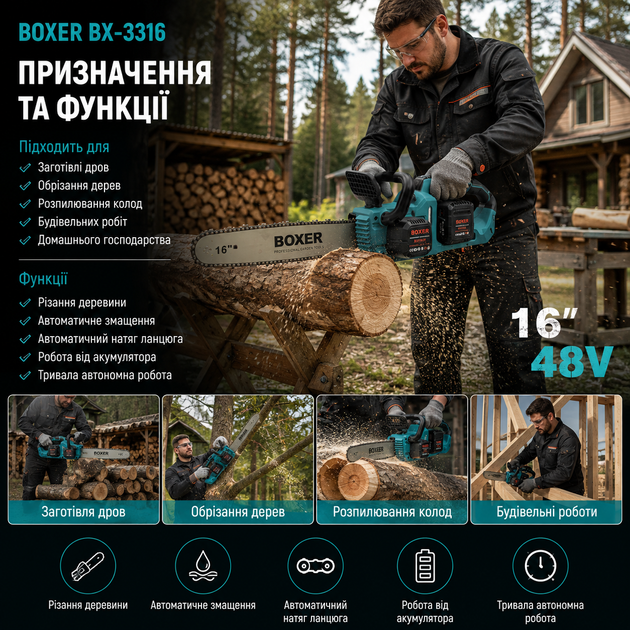 Аккумуляторная цепная пила BOXER BX3316 48 В 5 Ач шина 40 см бесщеточный двигатель с двумя аккумуляторами в кейсе - изображение 4