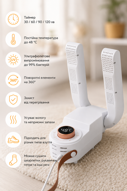 Електрична ультрафіолетова сушарка для взуття Shoe Dryer з таймером 30–120 хвилин нагріванням до 48 °C для кросівок черевиків рукавичок і шкарпеток - Фото 2 Електрична ультрафіолетова сушарка для взуття Shoe Dryer з таймером 30–120 хвилин нагріванням до 48 °C для кросівок черевиків рукавичок і шкарпеток - зображення 2