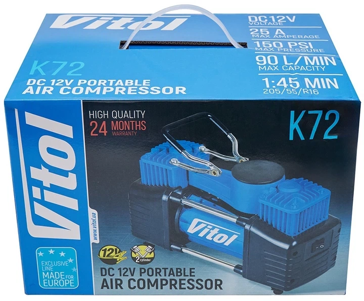 Автокомпресор Vitol К-72 150 psi 25 А 90 л 2 циліндра шланг 5 м з дефлятором клеми (К-72) - изображение 14