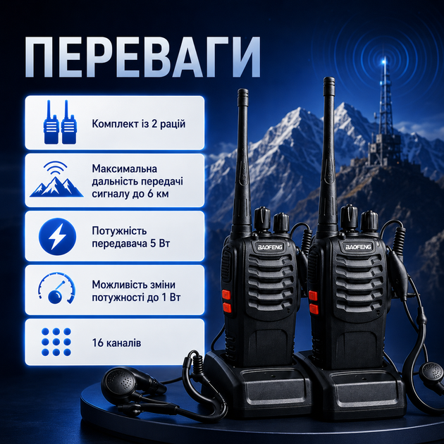 Комплект из двух раций BAOFENG BF-888S 5 Вт с дальностью до 6 км, диапазоном 400–470 МГц, 16 каналами, VOX, аккумуляторами 1500 мАч и зарядными станциями - изображение 2