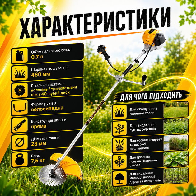 Бензиновий тример Mächtz 2500 Вт 3,4 к.с. з 4-тактним двигуном, системою Easy Start, Cruise Control, шпулею, трилопатевим ножем і 40-зубим диском - зображення 4