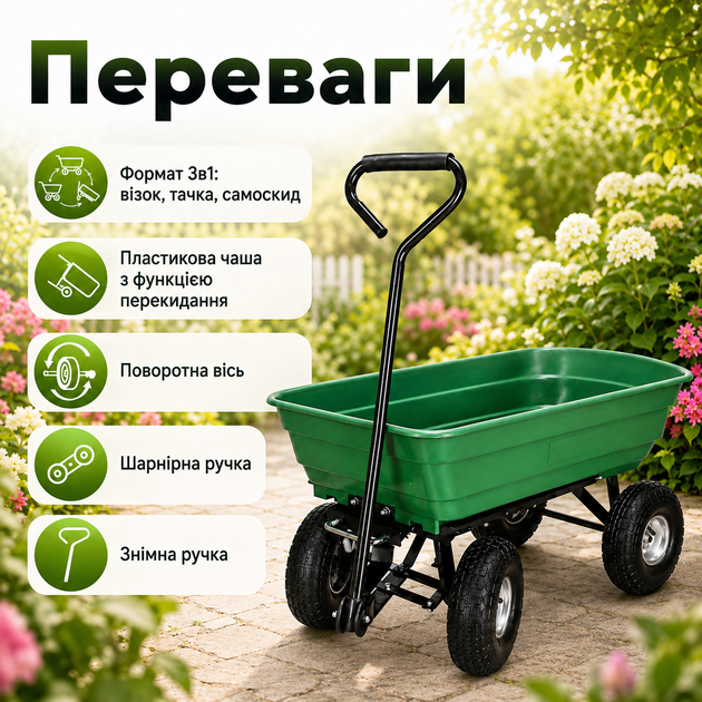 Садовая тележка Siker TC2145 3в1 55 л с самосвальной пластиковой чашей, стальной рамой, пневматическими колесами и нагрузкой до 200 кг - изображение 2