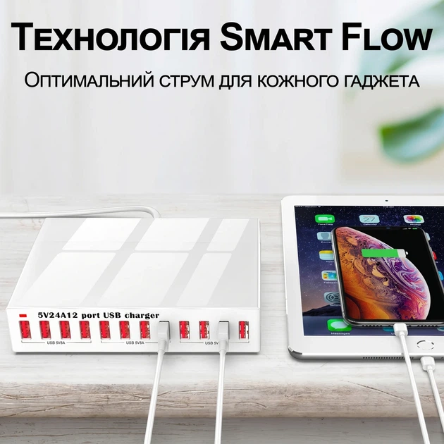 Зарядное устройство на 12 USB портов Addap MCS-X6 120Вт 24А Белый - изображение 5