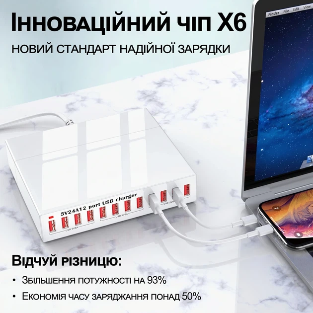 Зарядное устройство на 12 USB портов Addap MCS-X6 120Вт 24А Белый - изображение 6