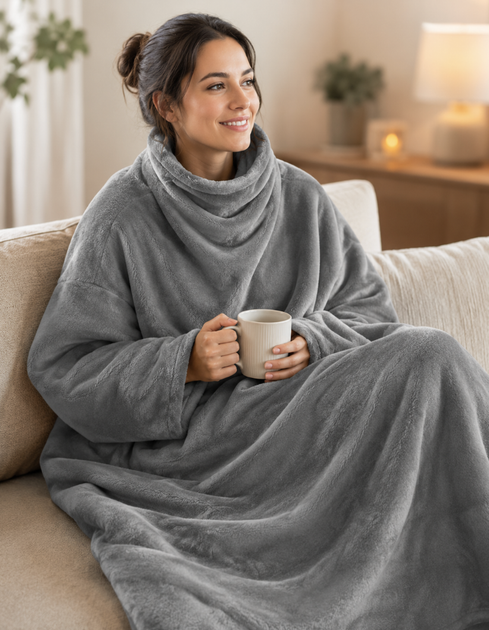 Длинный плед-халат Oversize 140×170 см с широкими рукавами, большим передним карманом, из мягкого полиэстера для дома, дачи, террасы и путешествий - Фото 4 Длинный плед-халат Oversize 140×170 см с широкими рукавами, большим передним карманом, из мягкого полиэстера для дома, дачи, террасы и путешествий - изображение 4