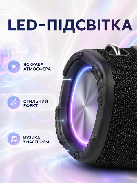 Портативна Bluetooth колонка акустична система 20 Вт з потужним басом LED-підсвіткою 25×10,8×10,7 см чорна (49676165) - зображення 2