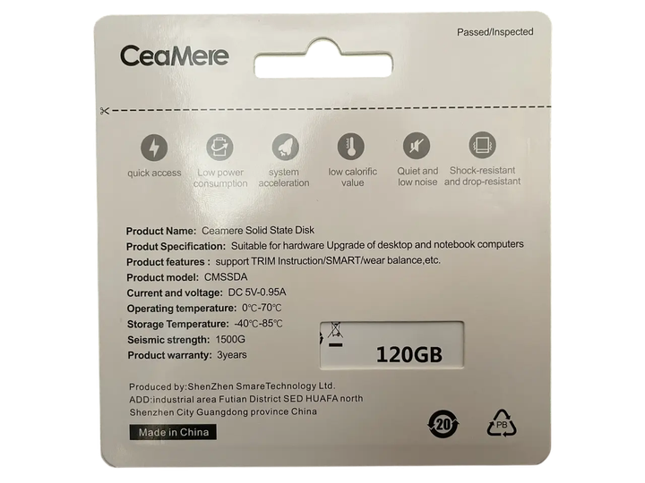 SSD накопитель CeaMere CMSSDA 120GB 2.5″ SATA III 500/400 МБ/с новый для ноутбука и компьютера - изображение 2