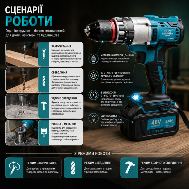 Дрель-шуруповерт аккумуляторный Krafftec Germani DTW 485 48 В 6 Ач 130 Нм с двумя аккумуляторами - изображение 4