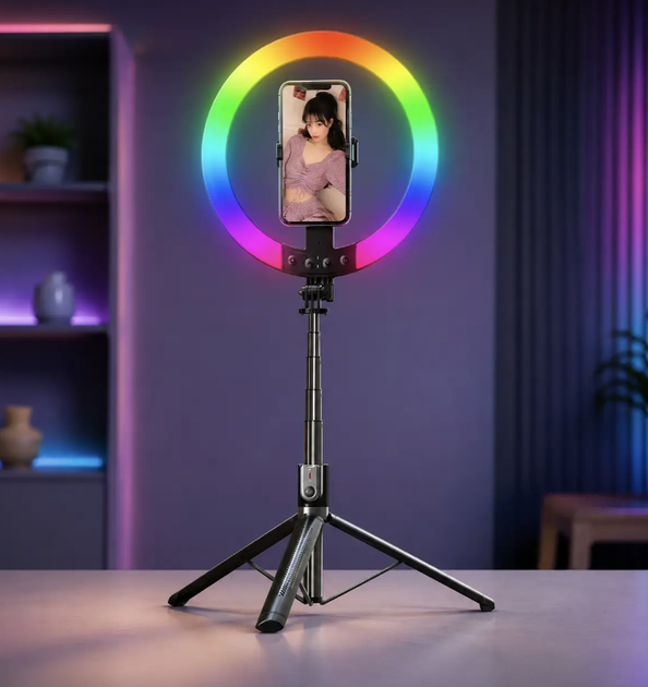 Селфи-палка штатив 2,2 м с кольцевой RGB LED-лампой, AI-автоотслеживанием, Bluetooth-пультом, держателем 360°, телескопической алюминиевой конструкцией и четырьмя опорными ножками - изображение 2