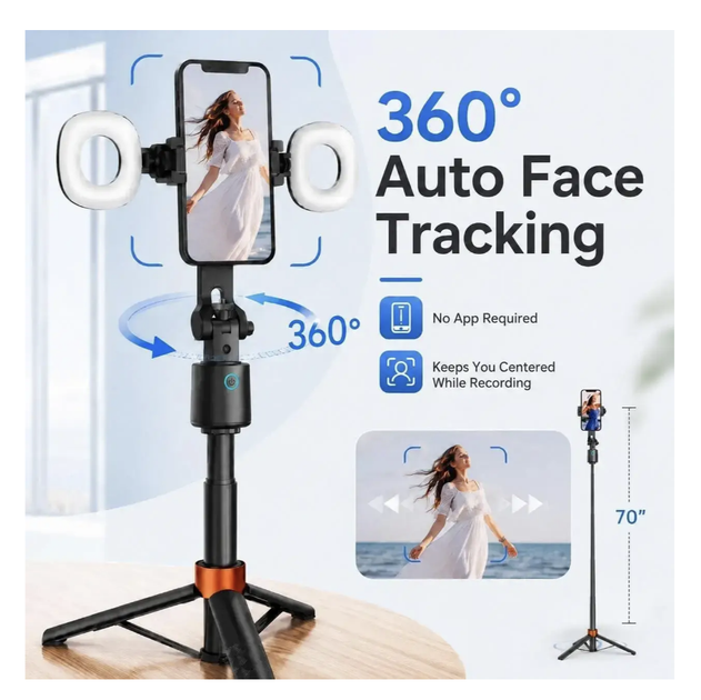 Селфи-штатив Q13 до 180 см с AI-автоотслеживанием лица и тела, поворотом 360°, наклоном 270°, двумя LED-лампами, управлением жестами и Bluetooth-пультом - изображение 6
