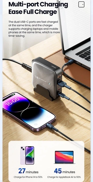 Быстрая зарядка Toocki GaN 67W на 4 порта 2 USB-C + 2 USB-A, QC 4.0, PD 3.0 Сетевое Зарядное устройство для ноутбука телефона - изображение 5
