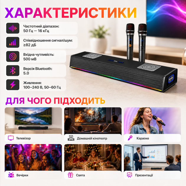Саундбар SOGOVGZ G-69 2.1 з LED-підсвіткою, Bluetooth 5.0, двома бездротовими мікрофонами, HDMI, оптичним входом, S/PDIF, AUX та USB для караоке й домашнього кінотеатру - зображення 3