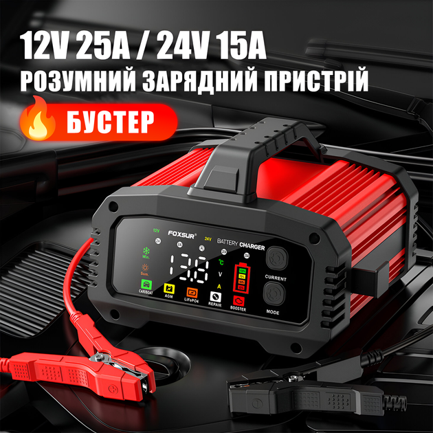 Автомобильное пуско-зарядное устройство Foxsur FPT-250 12V/24V 25A/15A для АКБ 6–400Ah, импульсная зарядка - Фото 2 Автомобильное пуско-зарядное устройство Foxsur FPT-250 12V/24V 25A/15A для АКБ 6–400Ah, импульсная зарядка - изображение 2