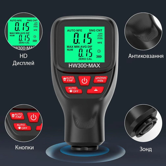 Толщиномер лакокрасочного покрытия HW300-MAX с LCD-дисплеем и статистикой / Цифровой измеритель краски авто Fe/NFe 0–2000 мкм (Черный) - изображение 4