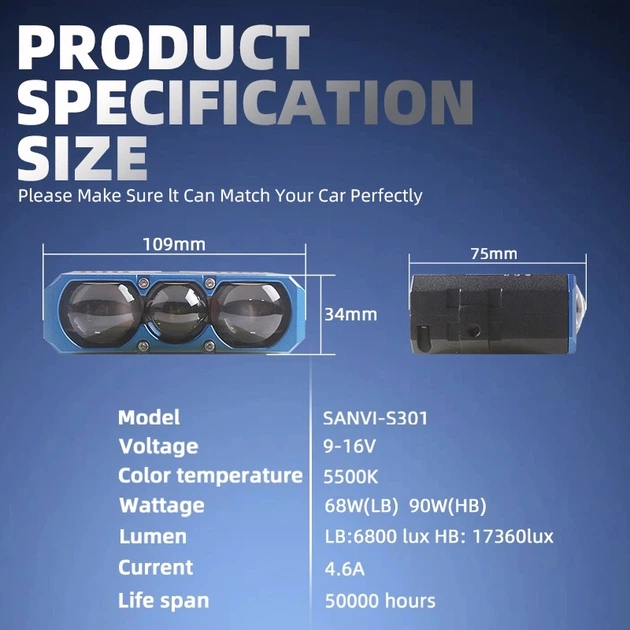 Протитуманні лінзи Sanvi Bi-LED S301 9-16V 68/90w 5500k - зображення 9