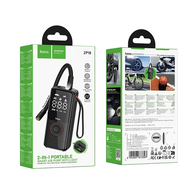 Автомобильный насос HOCO ZP18 портативный аккумуляторный 4000 mAh черный - изображение 2