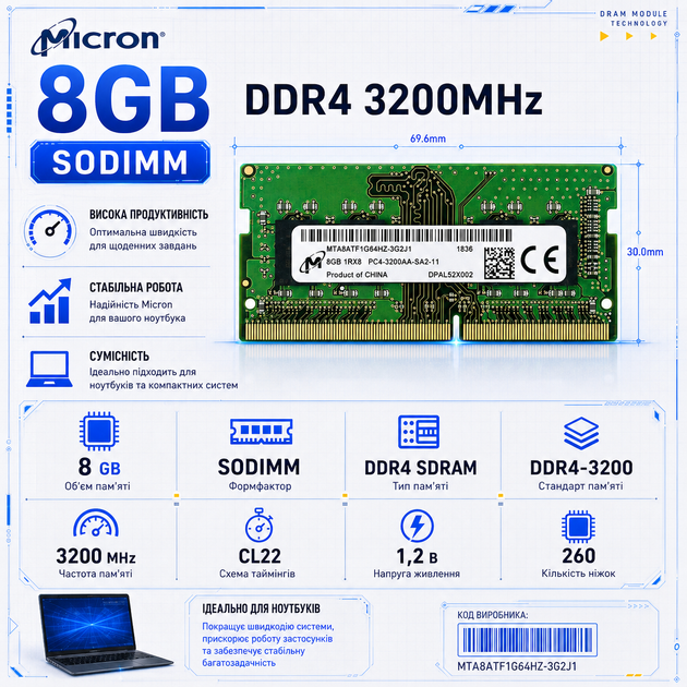 Оперативна пам'ять SODIMM 8Gb DDR4 3200MHz pc4-25600 Micron MTA8ATF1G64HZ-3G2J1 б/в mta8atf1g64hz-3g2j1 - Фото 2 Оперативна пам'ять SODIMM 8Gb DDR4 3200MHz pc4-25600 Micron MTA8ATF1G64HZ-3G2J1 б/в mta8atf1g64hz-3g2j1 - изображение 2